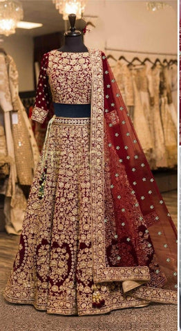 Sensational Maroon Color Wedding Wear Designer Designer Velvet Thread Zari Embroidered Diamond Touch Work Lehenga Choli