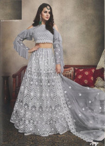 Gorgeous Grey Color Wedding Wear Embroidered Stone Designer Work Soft Bridal Butterfly Net Lehenga Choli