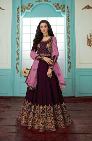 Intricate Wine Color Wedding Wear Faux Georgette Designer Chain Stitch Stone Work Salwar Suit For Women