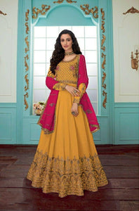 Party Wear Mustard Color Designer Chain Stitch Stone Work Heavy Faux Georgette Salwar Suit