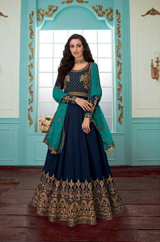 Navy Blue Color Fancy Faux Georgette Stone Chain Stitch Work Salwar Suit For Wedding Wear