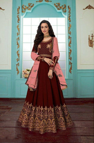 Dazzling Maroon Color Function Wear Faux Georgette Chain Stitch Stone Work Salwar Suit