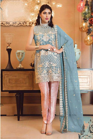 Groovy Light Blue Color Party Wear Faux Georgette Designer Sequence Embroidered Work Salwar Suit For Women