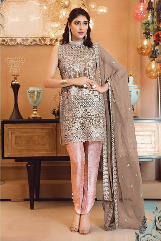 Mesmerising Beige Color Wedding Wear Embroidered Sequence Designer Work Faux Georgette Salwar Suit