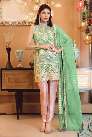 Desirable Sea Green Color Faux Georgette Fancy Embroidered Sequence Work Salwar Suit For Function Wear