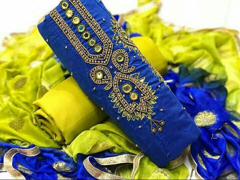 Party Wear Royal Blue Color Designer Khatli Hand Work Chanderi Fancy Salwar Suit