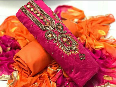 Hypnotic Magenta Color Fancy Chanderi Khatli Hand Work Wedding Wear Salwar Suit