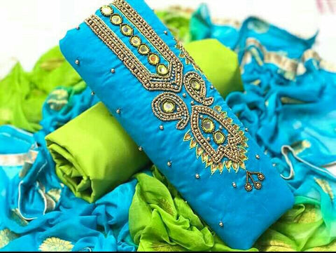 Delightful Sky Blue Color Function Wear Chanderi Designer Khatli Hand Work Salwar Suit For Women