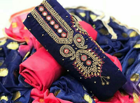 Impressive Navy Blue Color Chanderi Khatli Hand Work Designer Party Wear Salwar Suit