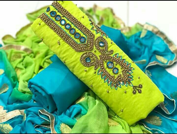Fabulous Kelly Green Color Function Wear Chanderi Designer Khatli Hand Work Salwar Suit