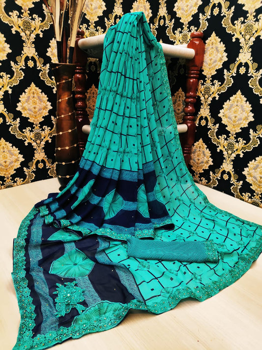Flattering Firozi Color Party Wear Soft Silk Weightless Printed Designer Saree Blouse