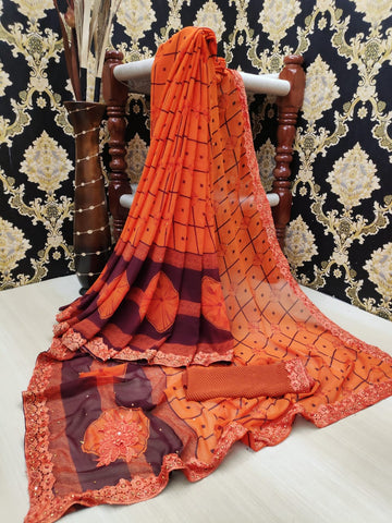 Opulent Orange Color Wedding Wear Soft Silk Weightless Printed Fancy Saree Blouse For Women