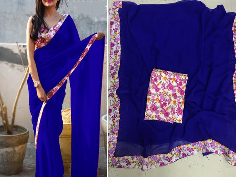 Fantastic Royal Blue Color Festive Wear Designer Georgette Fancy printed Border Saree Blouse