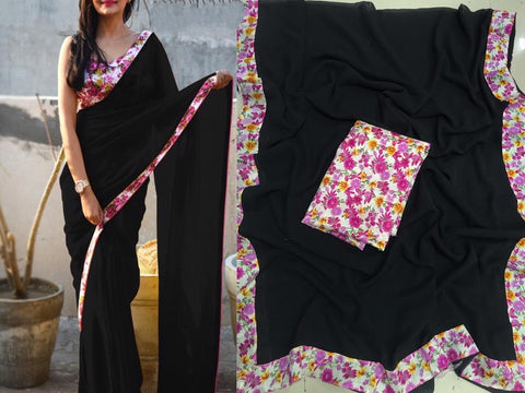 Party Wear Black Color Fancy Printed Border Georgette Designer Saree Blouse For Women
