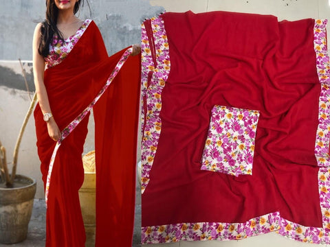 Trendy Red Color Designer Printed Border Georgette Fancy Saree Blouse For Women