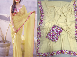 Alluring Cream Color Fancy Georgette Printed Border Wedding Wear Saree Blouse