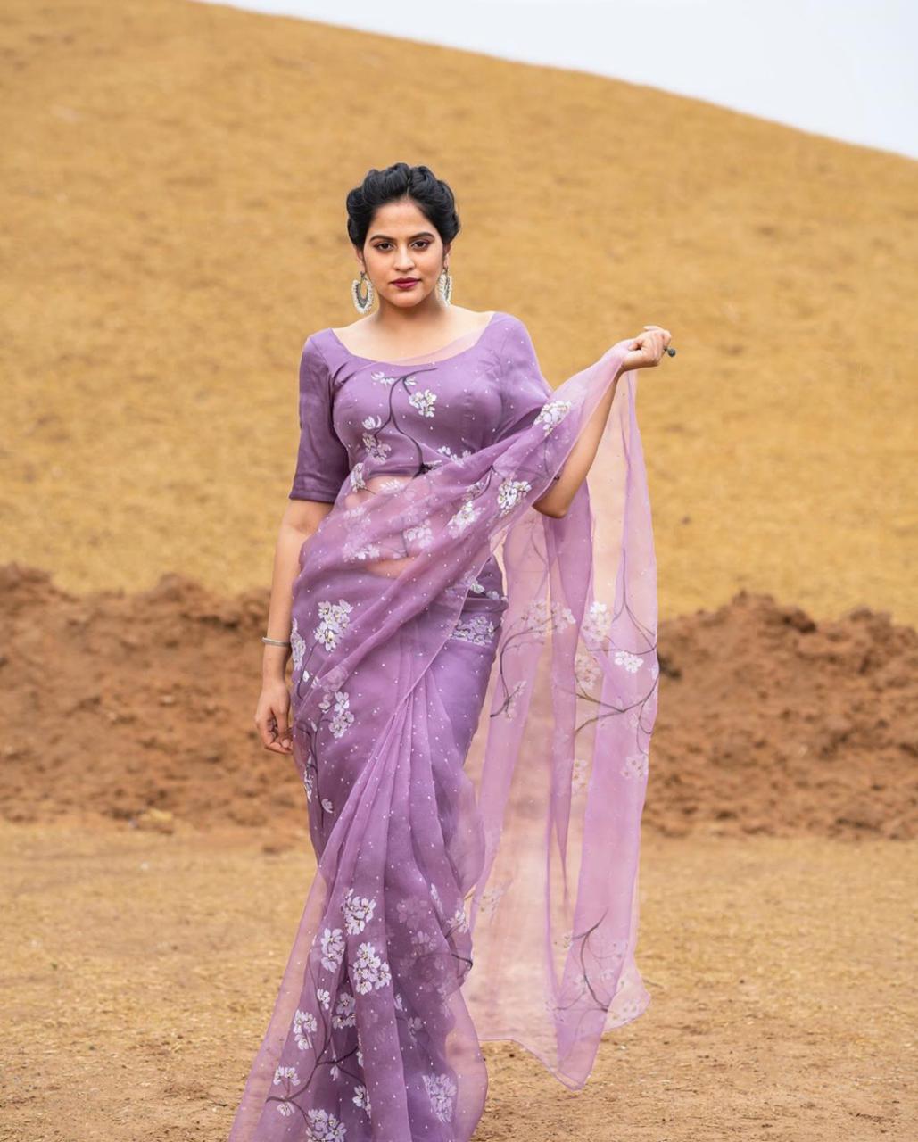 Surpassing Violet Color Organza Digital Printed Fancy Saree Blouse For Function Wear