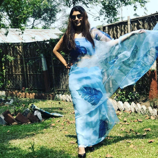 Prominent Sky Blue Color Festive Wear Digital Printed Organza Saree Blouse For Women
