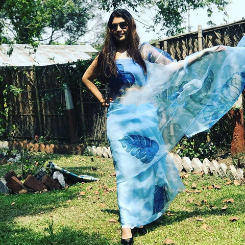Prominent Sky Blue Color Festive Wear Digital Printed Organza Saree Blouse For Women