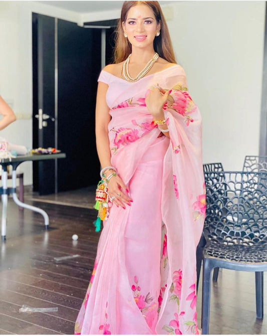 Graceful Light Pink Color Festive Wear Digital Printed Designer Organza Saree Blouse For Women