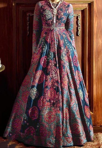 Flamboyant Navy Blue Color Full Stitched Italian Silk Digital Printed Beautiful Gown For Wedding Wear