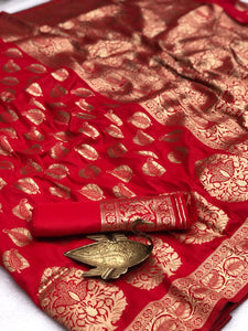 Fabulous Red Color Wedding Wear All Over Grand Pallu Zari Weaving Two Tone Silk Saree Blouse