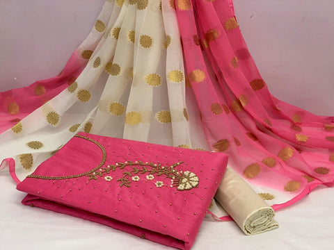 Fashionable Light Pink Color Designer Cotton Modal Chanderi Khatli Hand Work Salwar Suit For Festive Wear