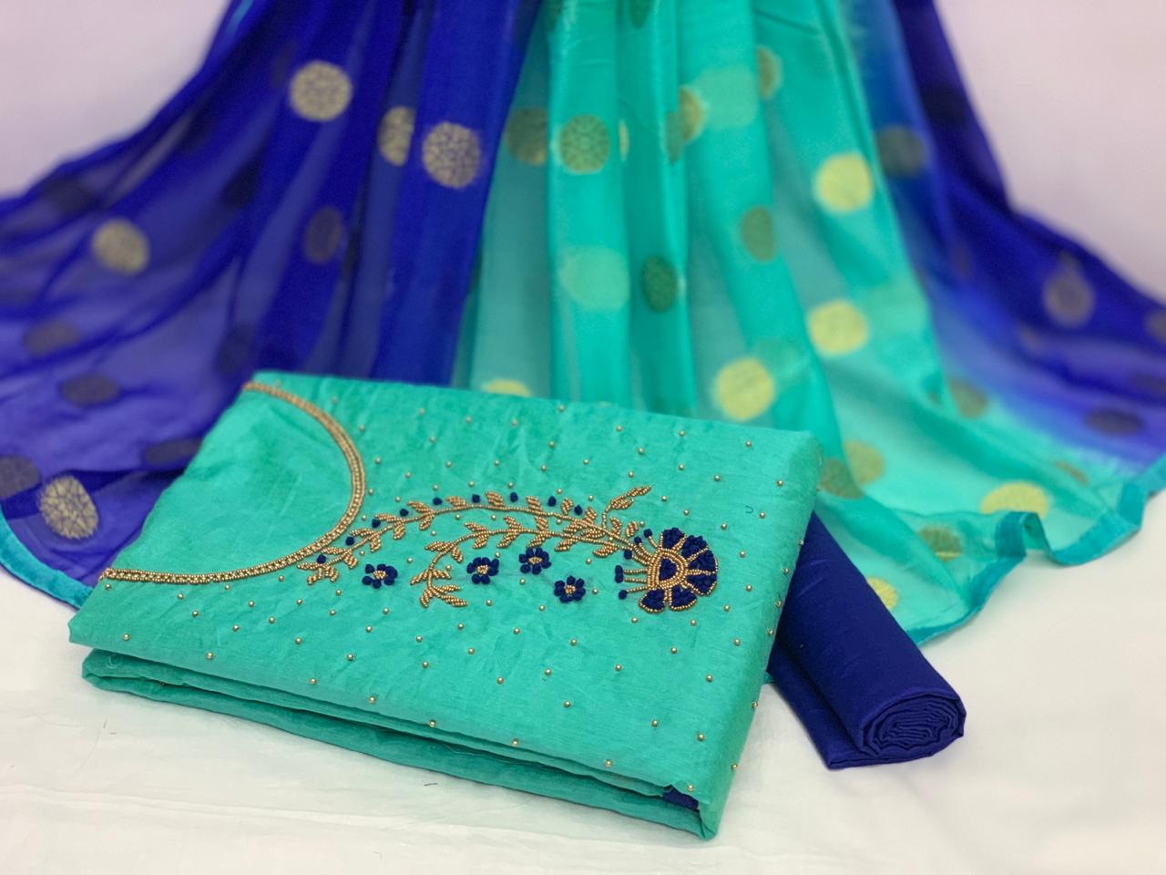 Party Wear Firozi Color Designer Khatli Hand Work Chanderi Modal Cotton Salwar Suit