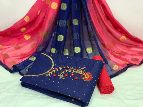 Unique Navy Blue Color Modal Cotton Chanderi Fancy Hand Khatli Work Salwar Suit For Party Wear