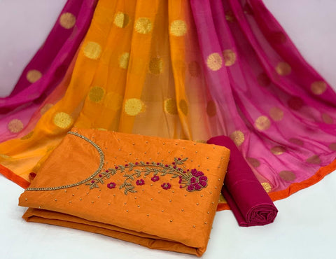 Alluring Mustard Color Wedding Wear Cotton Chanderi Modal Khatli Hand Work Salwar Suit For Women
