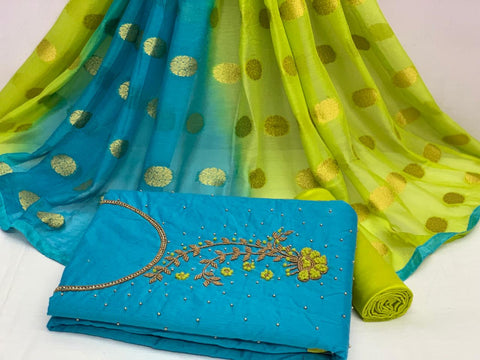 Sensational Sky Blue Color Function Wear Khatli Hand Work Designer Chanderi Cotton Salwar Suit