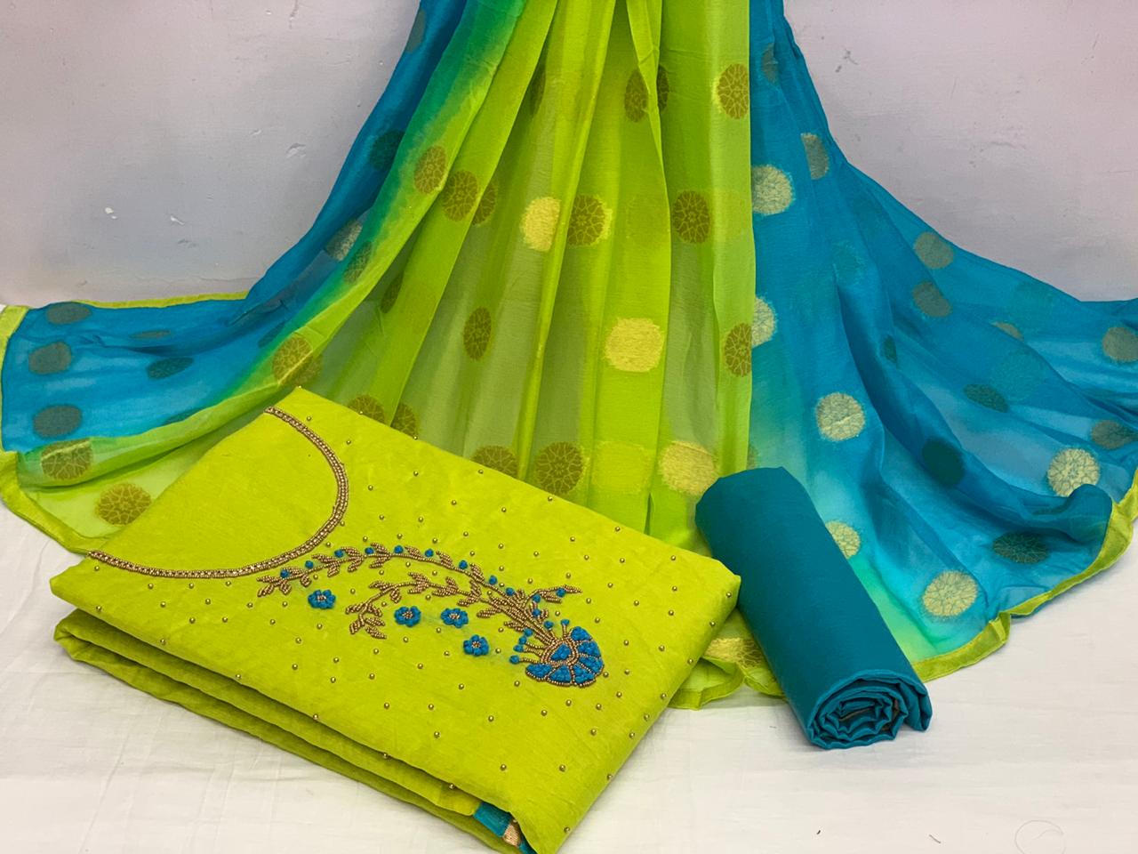 Outstanding Light Green Color Designer Chanderi Cotton Modal Fancy Khatli Hand Work Salwar Suit For Wedding Wear