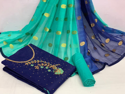 Festive Wear Navy Blue Color Modal Chanderi Cotton Fancy Khatli Hand Work Salwar Suit