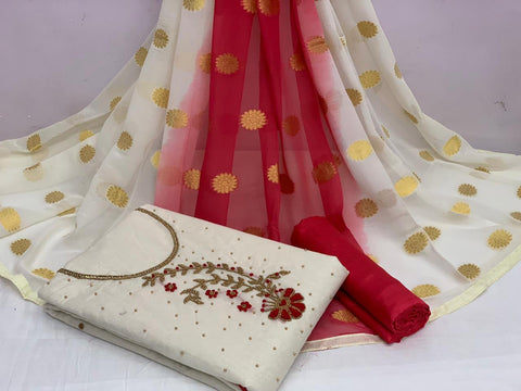 Breath-taking Off White Color Designer Khatli Hand Work Cotton Chanderi Salwar Suit For Party Wear