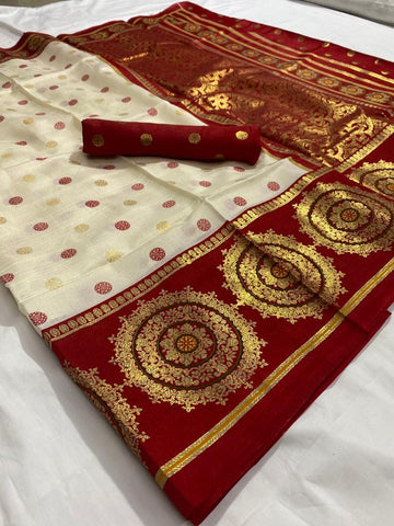 Sizzling Off White Color Wedding Wear Soft Silk Designer Foil Printed Jacquard Border Rich Pallu Saree Blouse