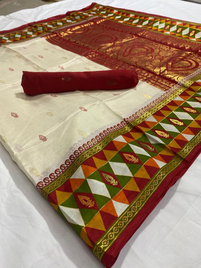 Classy Multi Color Festive Wear Jacquard Foil Printed Soft Silk Rich Pallu Saree Blouse
