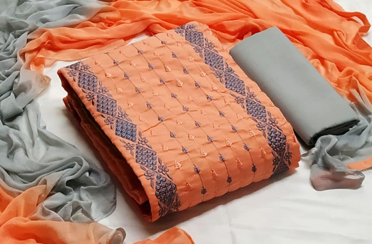 Adorable Orange Color Designer Cotton Embroidered Fancy Work Salwar Suit For Ladies
