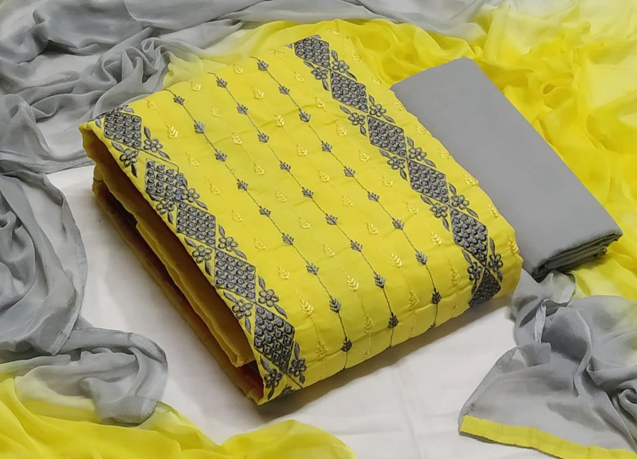 Festive Wear Yellow Color Cotton Fancy Embroidered Designer Work Salwar Suit