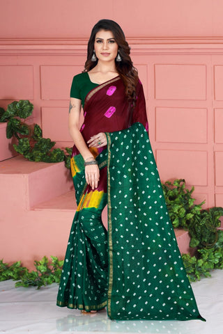 Trendy Dark Green Color Festive Wear Hand Bandhej Design Taffeta Silk Saree Blouse