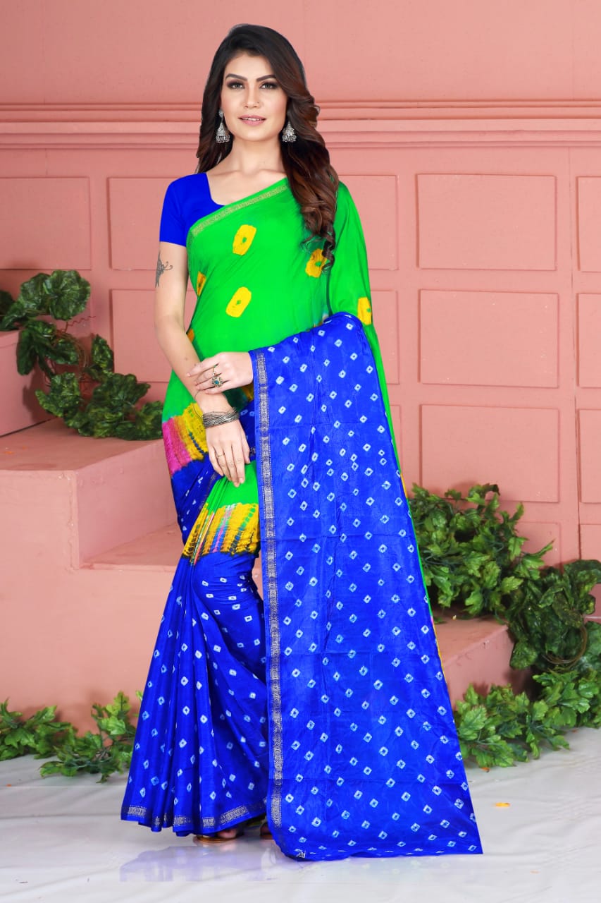 Breath-taking Royal Blue Color Function Wear Taffeta Silk Designer Bandhej Hand Design Saree Blouse For Women