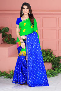 Breath-taking Royal Blue Color Function Wear Taffeta Silk Designer Bandhej Hand Design Saree Blouse For Women