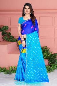Intricate Sky Blue Color Taffeta Silk Fancy Bandhej Hand Design Saree Blouse For Party Wear