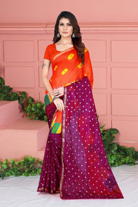 Energetic Magenta Color Wedding Wear Hand Bandhej Taffeta Silk Saree Blouse For Ladies