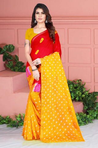 Hypnotic Yellow Color Designer Taffeta Silk Hand Bandhej Design Saree Blouse For Function Wear