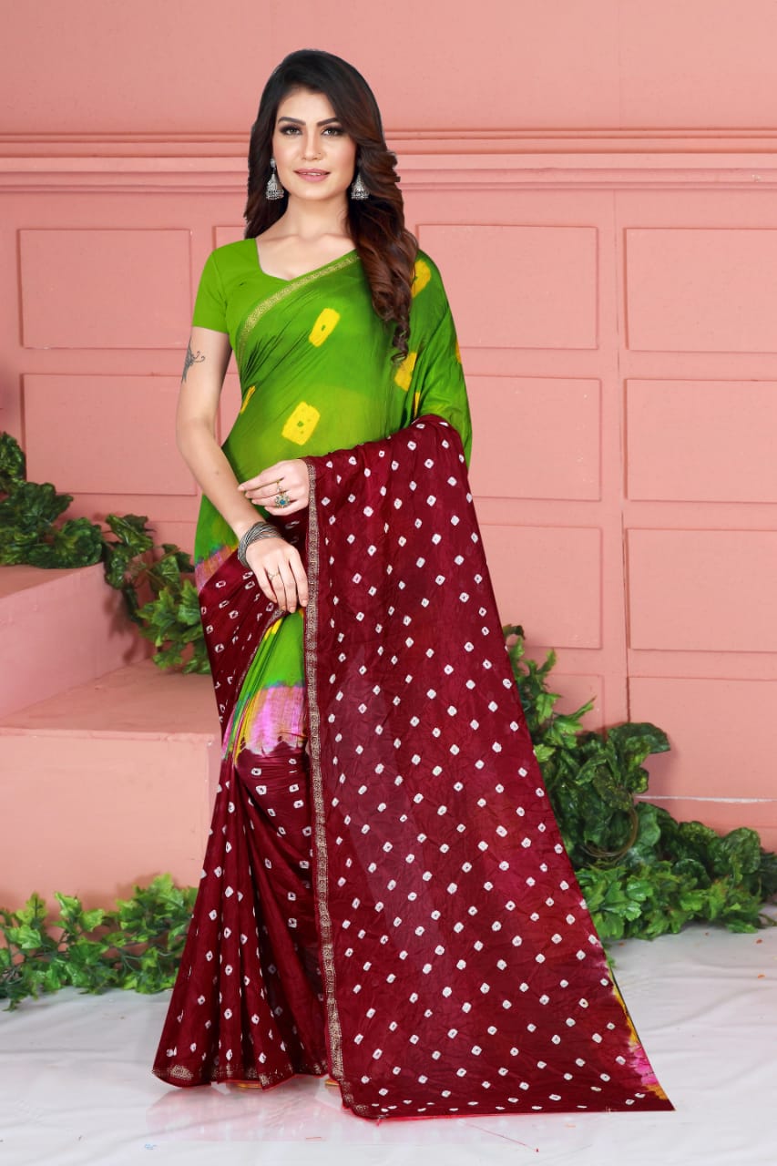 Sizzling Maroon Color Stylish Silk Taffeta Bandhej Hand Design Saree Blouse For Women