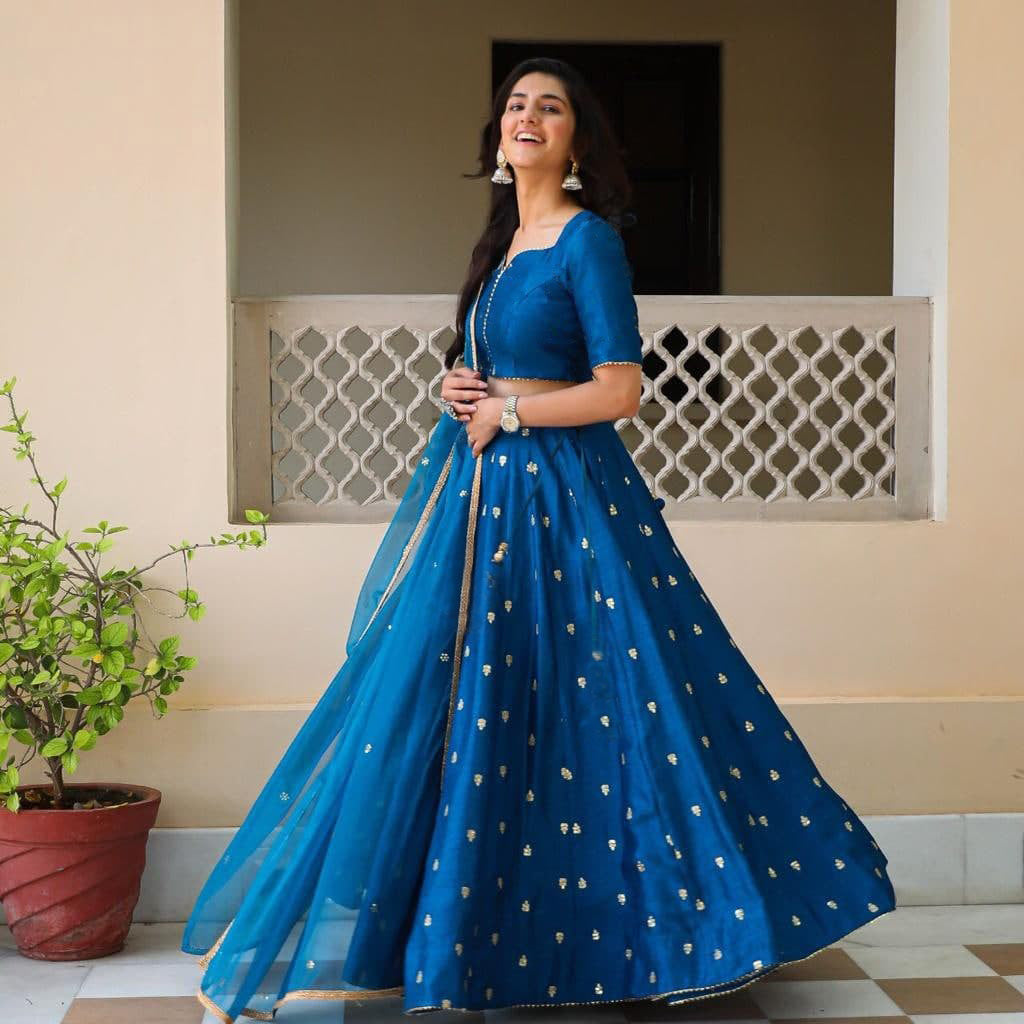 Blue Color Designer Embroidered Lehenga with can can For Women