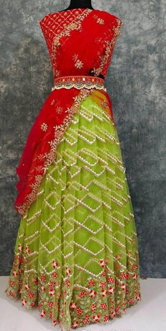 Dazzling Green Color Wedding Wear Nylon Net Stone Embroidered Cut Work Fancy Lehenga Choli