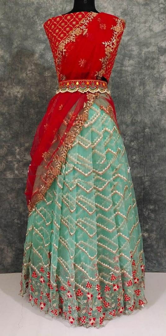Staggering Sea Green Color Amazing Stone Embroidered Cut Work Nylon Fancy Net Lehenga Choli For Occasion Wear