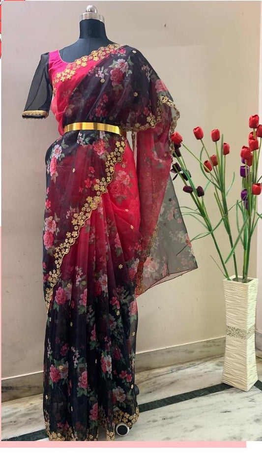 Festival Wear Black Color Digital Printed Organza Design Embroidered Work Super Saree Blouse For Ladies