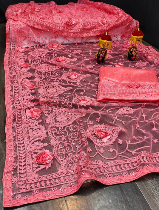 Blooming Pink Color Special Nylon Net Design Ribbon Stone Embroidered Work Saree Blouse For Occasion Wear